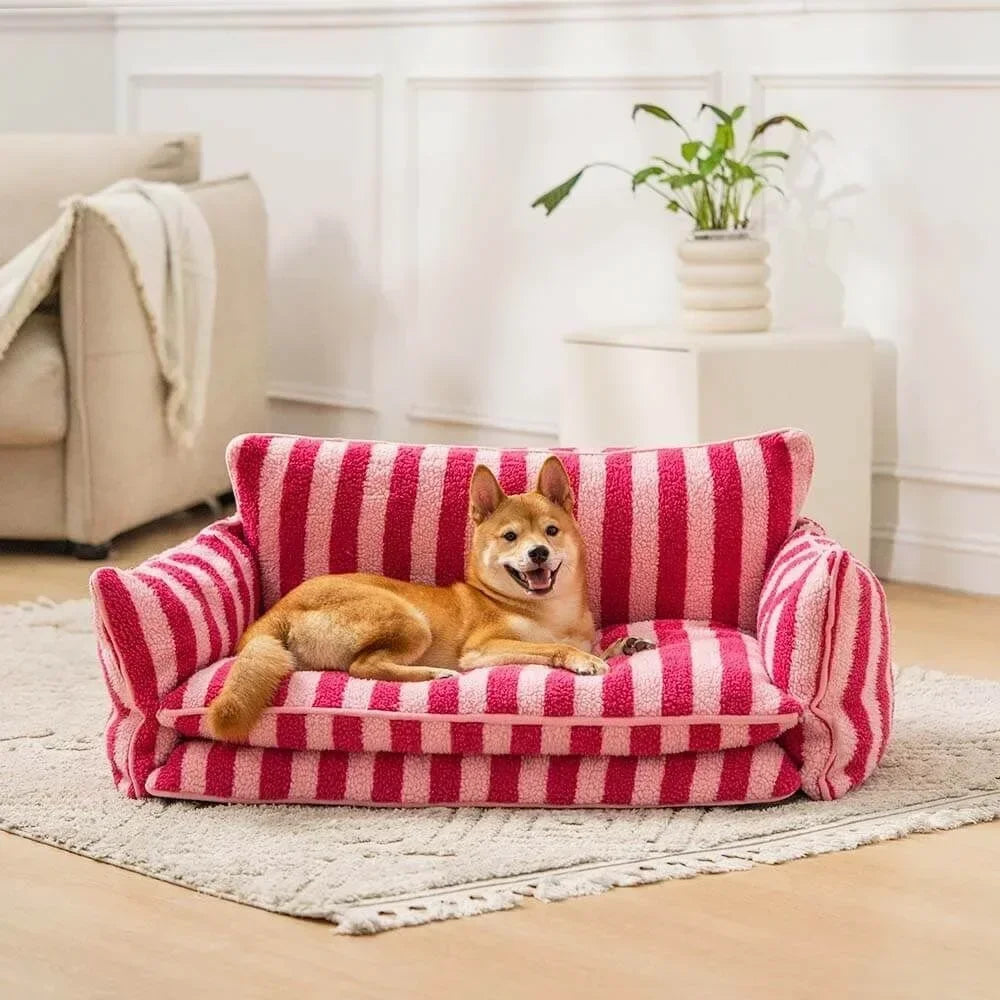 Trendy Striped Faux Lambswool Double Layer Dog & Cat Sofa Bed