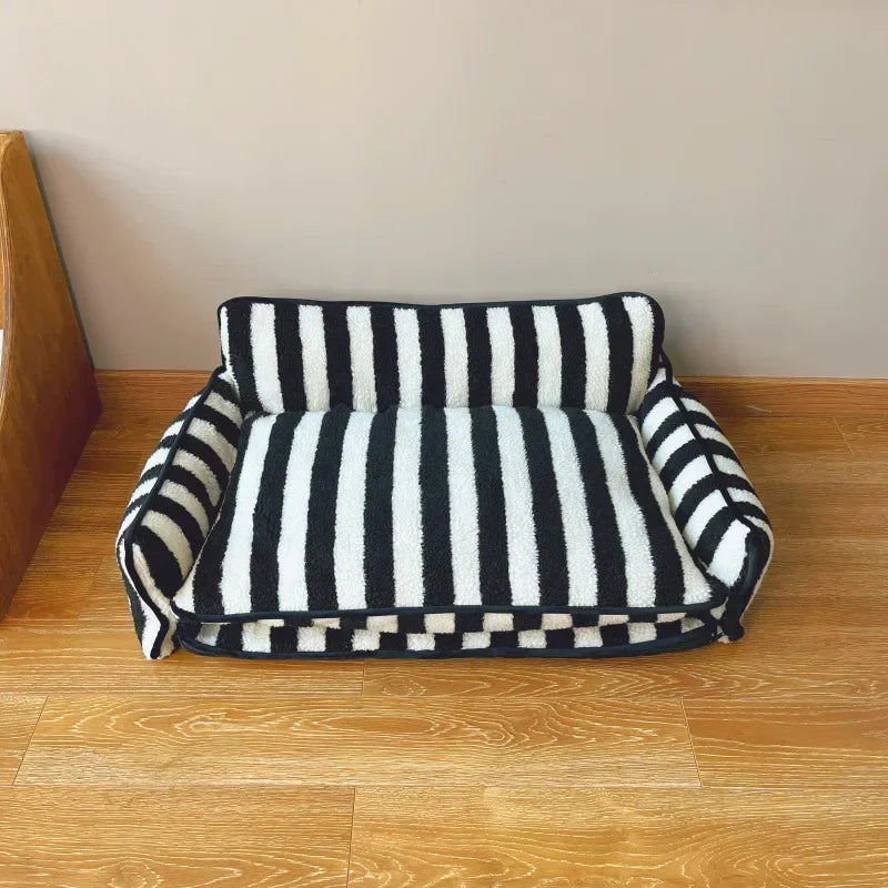 Trendy Striped Faux Lambswool Double Layer Dog & Cat Sofa Bed