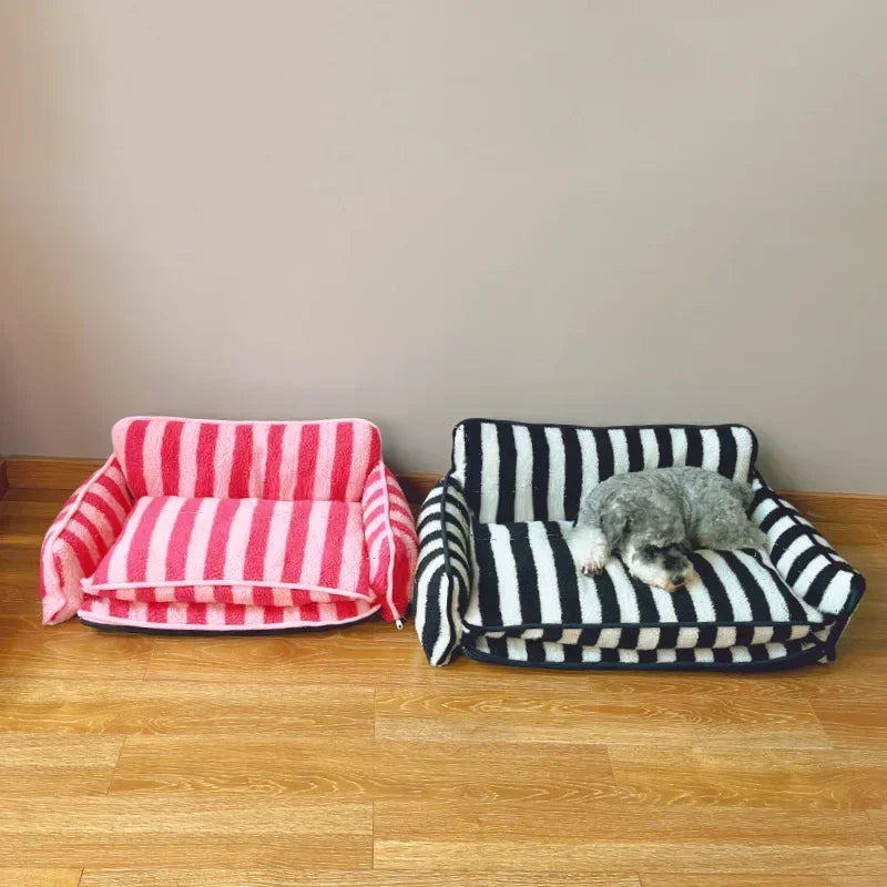 Trendy Striped Faux Lambswool Double Layer Dog & Cat Sofa Bed